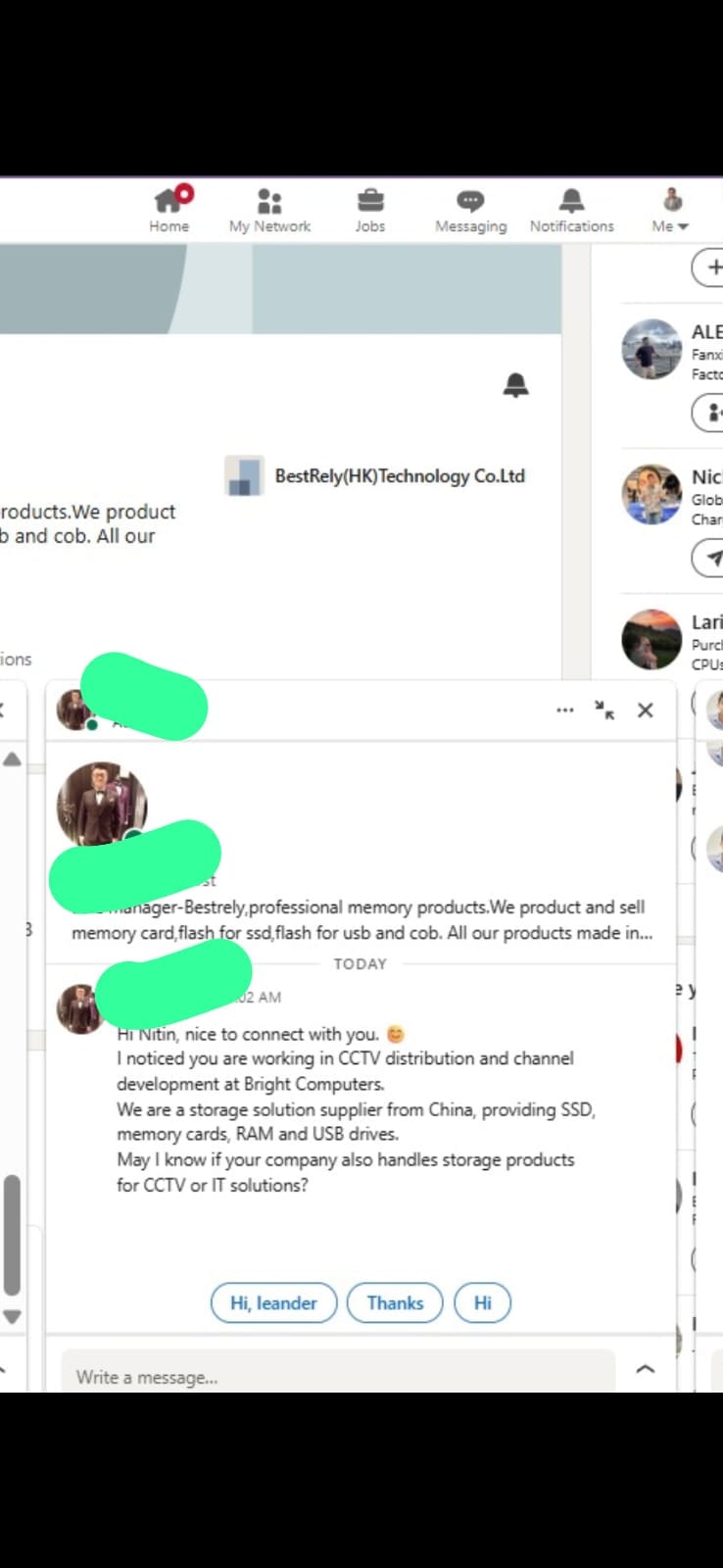 international business enquiries — real LinkedIn message received by a client