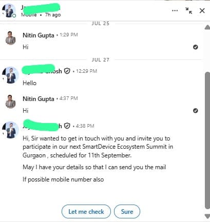 speaking invitations — real LinkedIn message received by a client